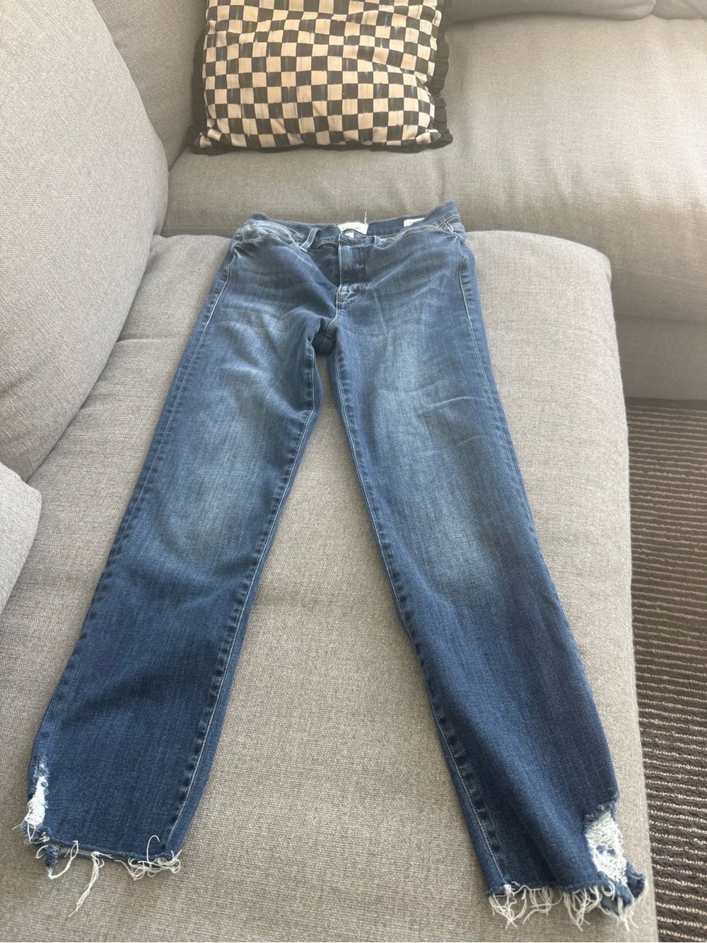 Frame Denim Medium Wash Straight-Leg Jeans with Distressed Hems